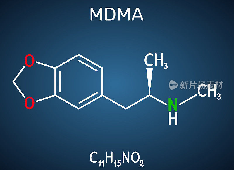 3,4-亚甲基二氧甲基苯丙胺，MDMA, XTC，摇头丸分子。它是一种精神药物，迷幻药。深蓝色背景上的结构化学式